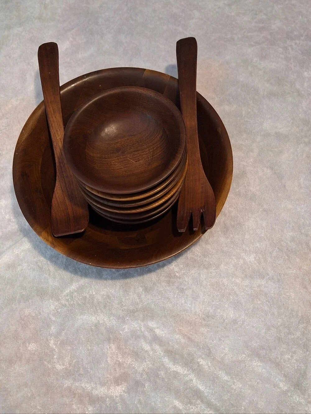 Vintage Vermilion Real Black Walnut 60's Nine piece salad serving bowls